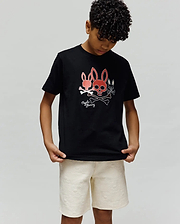 Kids Oscar Graphic Tee: Black classic fit jersey t-shirt with a large central chest graphic featuring three red and white Psycho Bunny skull logos with crossbones and script branding. (2)