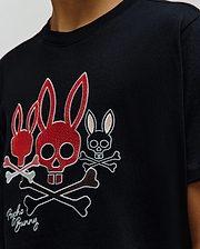 Black Kids Oscar Graphic Tee, classic fit jersey, with a large embroidered chest graphic of three red, white, and brown Psycho Bunny skull and crossbones, plus script branding. (3)