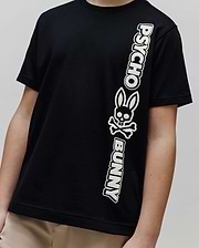 Kids Toby Wordmark Tee, a black classic fit jersey knit t-shirt featuring a large white vertical Psycho Bunny wordmark and iconic bunny skull logo graphic on the front.