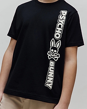 Kids Toby Wordmark Tee, a black classic fit jersey knit t-shirt featuring a large white vertical Psycho Bunny wordmark and iconic bunny skull logo graphic on the front.