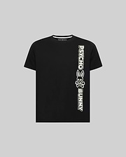 Black Kids Toby Wordmark Tee, classic fit jersey knit, featuring a large cream vertical Psycho Bunny wordmark and skull logo on the right side, with a small Psycho Bunny neck logo.