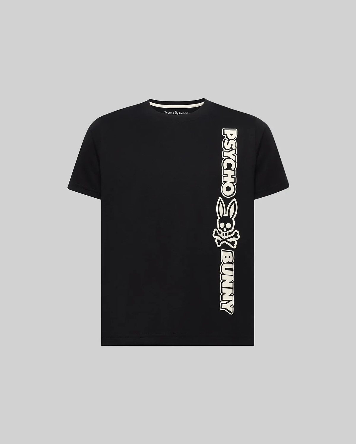 Black Kids Toby Wordmark Tee, classic fit jersey knit, featuring a large cream vertical Psycho Bunny wordmark and skull logo on the right side, with a small Psycho Bunny neck logo.