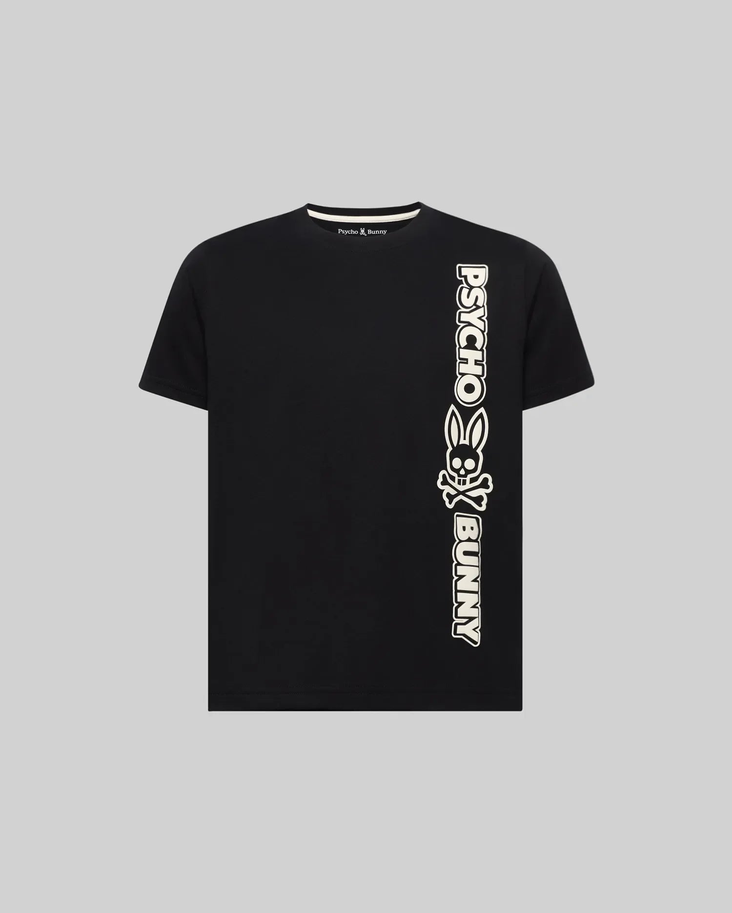 Black Kids Toby Wordmark Tee, classic fit jersey knit, featuring a large cream vertical Psycho Bunny wordmark and skull logo on the right side, with a small Psycho Bunny neck logo.