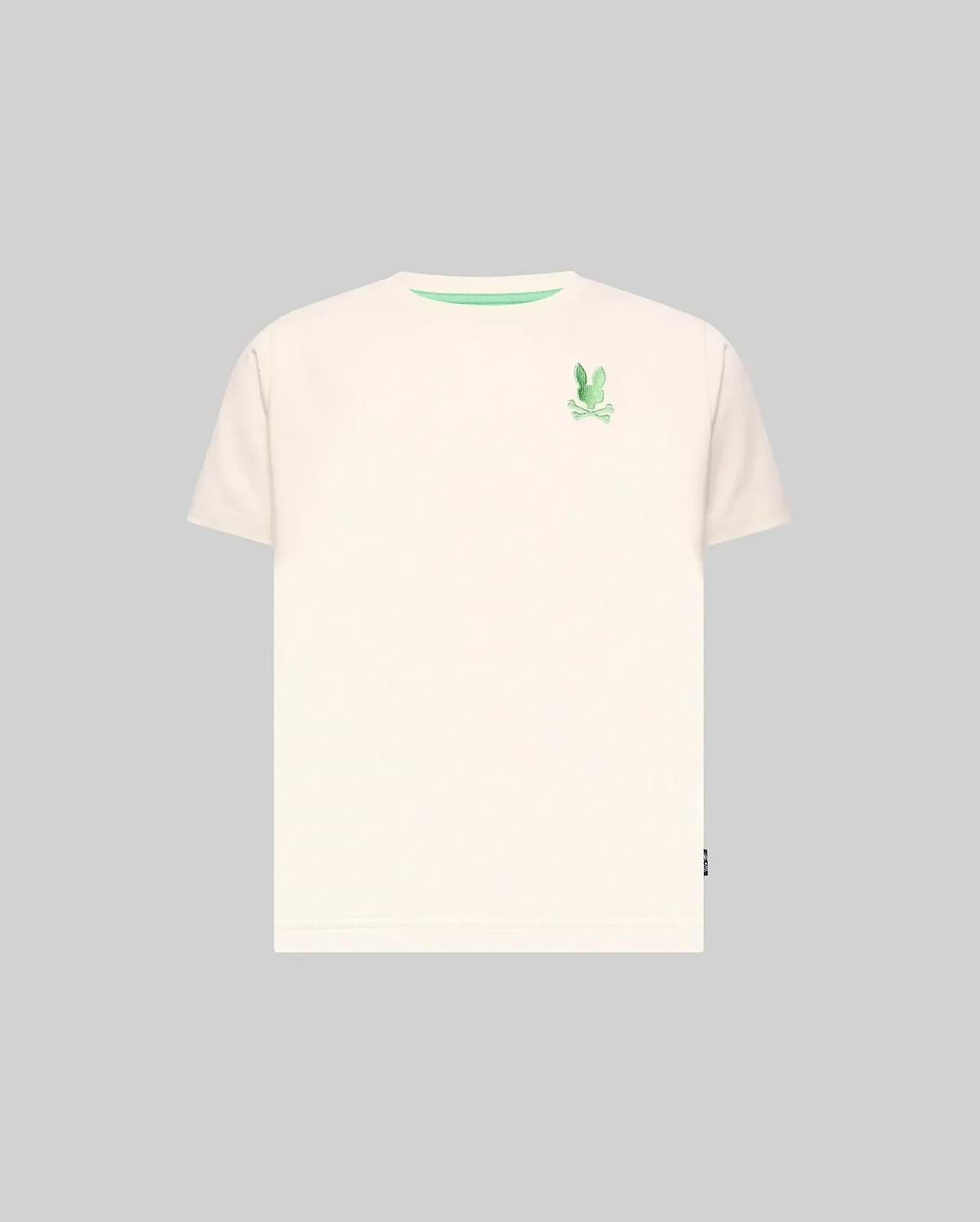 Kids Aiden Back Graphic Tee, a classic fit cream jersey t-shirt featuring a small embroidered green Psycho Bunny skull logo on the left chest and a green inner collar trim.