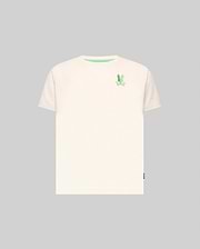 Kids Aiden Back Graphic Tee, a classic fit cream jersey t-shirt featuring a small embroidered green Psycho Bunny skull logo on the left chest and a green inner collar trim.