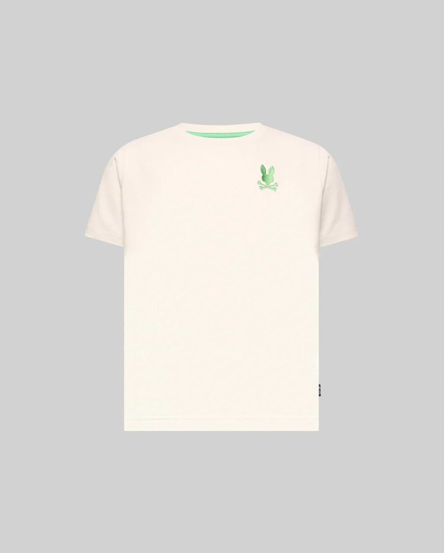 Kids Aiden Back Graphic Tee, a classic fit cream jersey t-shirt featuring a small embroidered green Psycho Bunny skull logo on the left chest and a green inner collar trim.