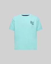Kids Luke Back Graphic Tee, an aqua classic fit jersey with a navy crew neck trim and a small navy Psycho Bunny skull and crossbones graphic alongside another bunny on the left chest.