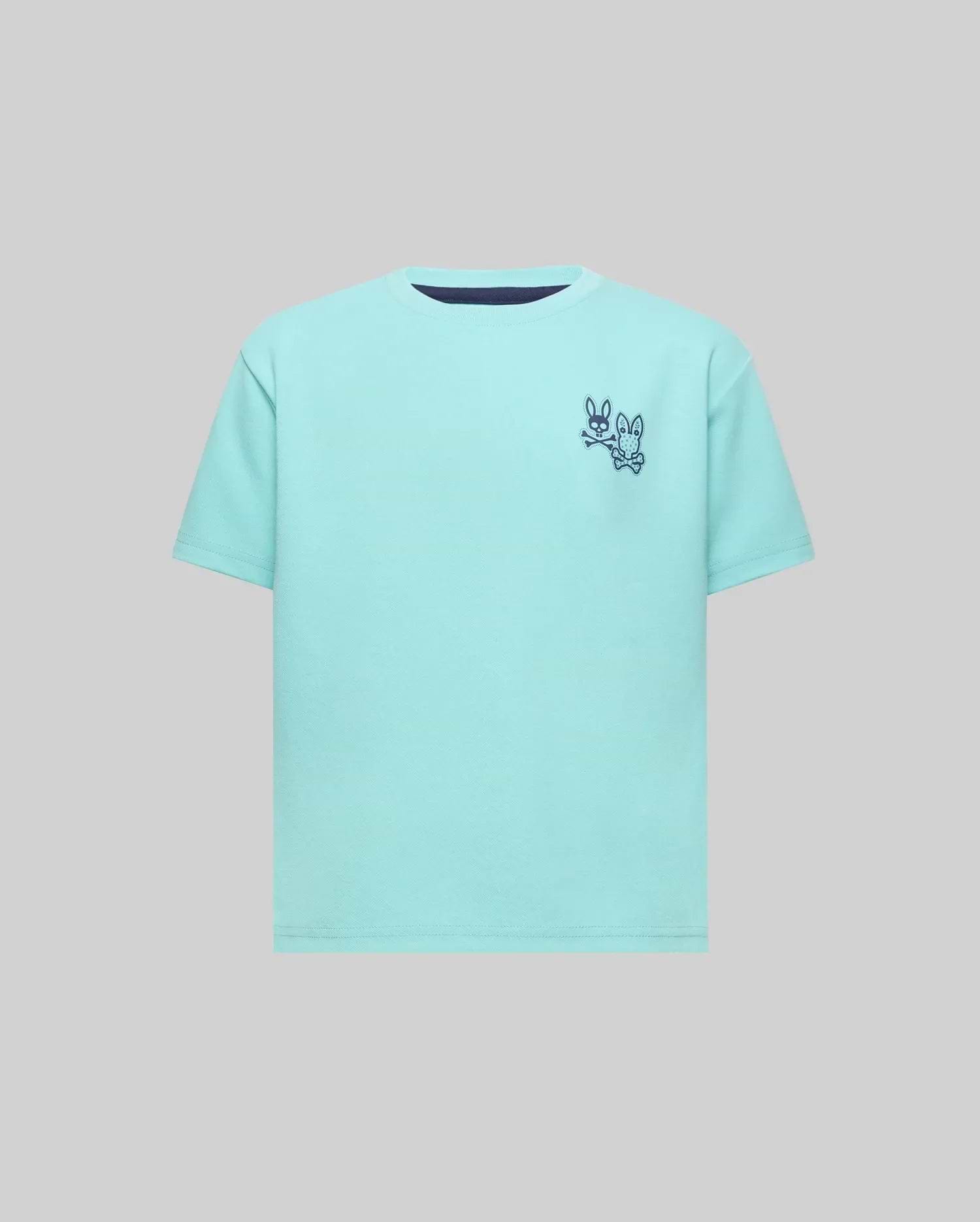 Kids Luke Back Graphic Tee, an aqua classic fit jersey with a navy crew neck trim and a small navy Psycho Bunny skull and crossbones graphic alongside another bunny on the left chest.