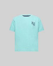 Kids Luke Back Graphic Tee, an aqua classic fit jersey with a navy crew neck trim and a small navy Psycho Bunny skull and crossbones graphic alongside another bunny on the left chest.