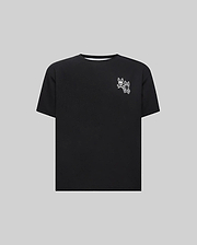 Kids Luke Back Graphic Tee, a black jersey t-shirt with a classic fit, featuring a small white double Psycho Bunny skull and crossbones graphic on the upper left chest.