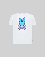 Kids Caspian Graphic Tee, white classic fit jersey t-shirt featuring a large gradient blue and pink Psycho Bunny skull logo on the back, pink inner collar trim, and a small green hem tag.