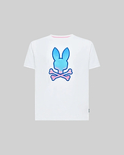 Kids Caspian Graphic Tee, white classic fit jersey t-shirt featuring a large gradient blue and pink Psycho Bunny skull logo on the back, pink inner collar trim, and a small green hem tag.
