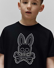 Kids Marcel Graphic Tee, black jersey t-shirt with a large white embroidered Psycho Bunny skull and crossbones graphic on the chest, classic fit.