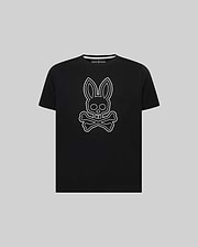 Kids Marcel Graphic Tee, black classic fit jersey tee with a large white outline bunny skull graphic on the chest and a small Psycho Bunny logo on the inner neck.