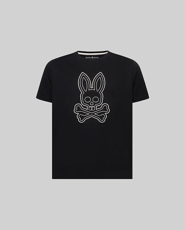 Kids Marcel Graphic Tee, black classic fit jersey tee with a large white outline bunny skull graphic on the chest and a small Psycho Bunny logo on the inner neck.