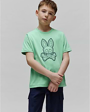 Kids Marcel Graphic Tee, a mint green classic fit jersey t-shirt featuring a large navy outline Psycho Bunny skull logo prominently centered on the chest. (4)