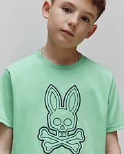 Kids Marcel Graphic Tee in mint green, featuring a large, central dark blue embroidered Psycho Bunny skull and crossbones logo on soft jersey knit fabric with a classic fit. (3)