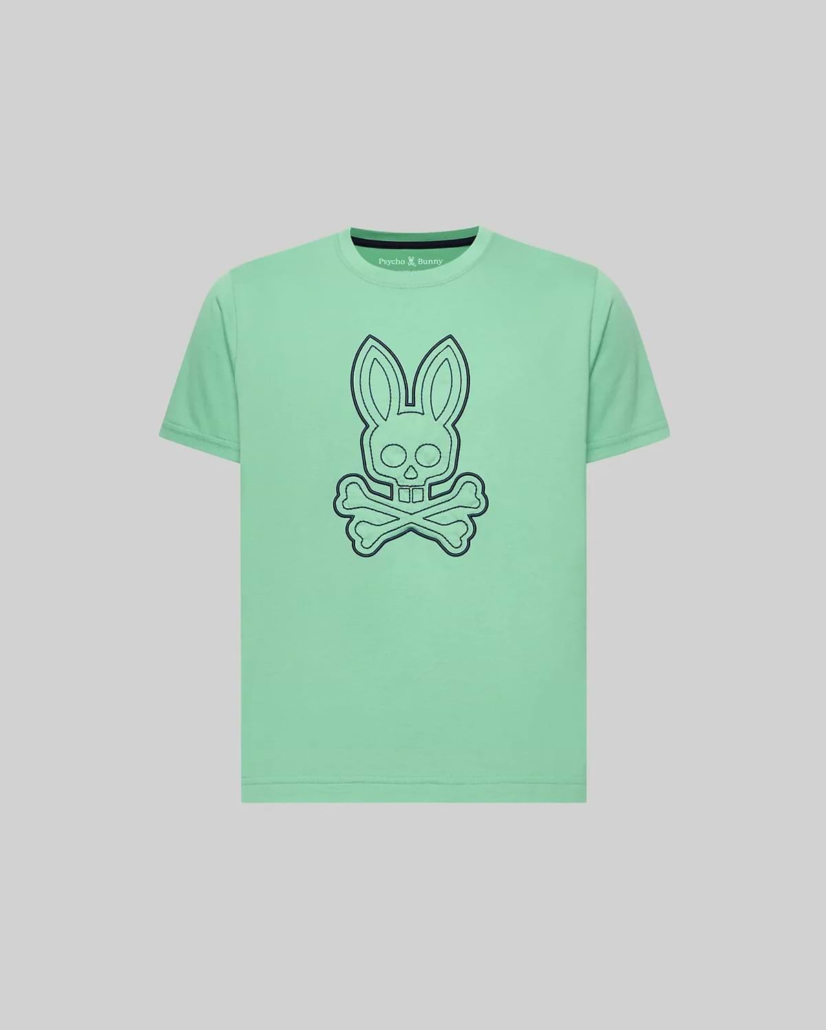 Kids Marcel Graphic Tee in mint green jersey, featuring a large dark blue outline bunny skull and crossbones graphic on the chest, small embroidered Psycho Bunny text logo on upper left, classic fit. (1)
