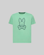 Kids Marcel Graphic Tee in mint green jersey, featuring a large dark blue outline bunny skull and crossbones graphic on the chest, small embroidered Psycho Bunny text logo on upper left, classic fit. (1)