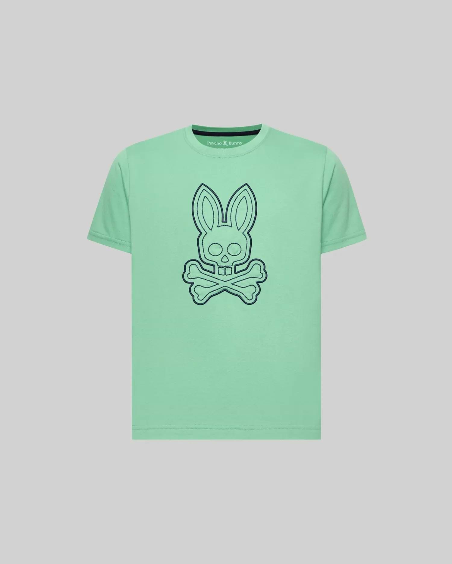 Kids Marcel Graphic Tee in mint green jersey, featuring a large dark blue outline bunny skull and crossbones graphic on the chest, small embroidered Psycho Bunny text logo on upper left, classic fit. (1)