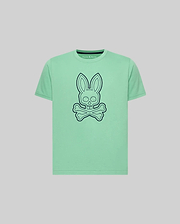 Kids Marcel Graphic Tee in mint green jersey, featuring a large dark blue outline bunny skull and crossbones graphic on the chest, small embroidered Psycho Bunny text logo on upper left, classic fit. (1)