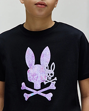 Kids Van Graphic Tee, a classic fit black jersey knit t-shirt featuring a large center chest graphic of a pixelated purple Psycho Bunny skull and crossbones, with a smaller white bunny skull overlay. (3)