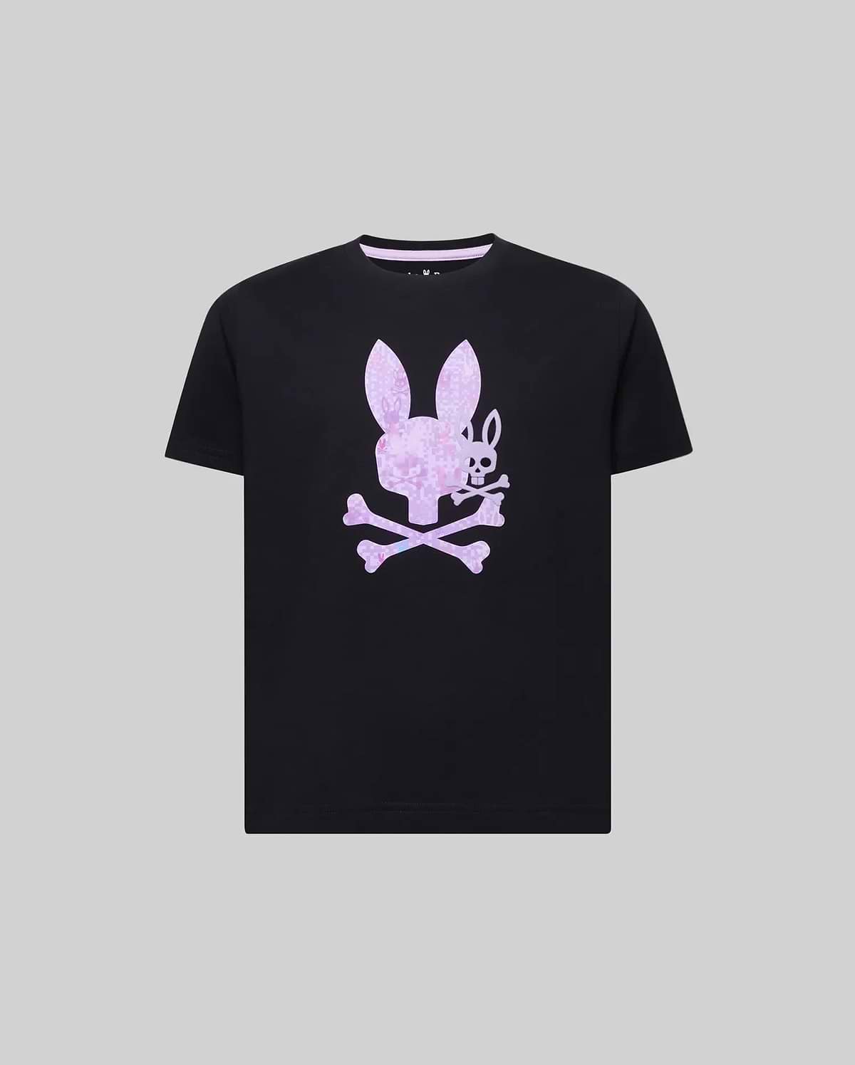 Black Kids Van Graphic Tee, classic fit, with a large central Psycho Bunny skull and crossbones logo in a pixelated purple and blue gradient print on soft jersey fabric. (1)