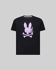 Black Kids Van Graphic Tee, classic fit, with a large central Psycho Bunny skull and crossbones logo in a pixelated purple and blue gradient print on soft jersey fabric. (1)