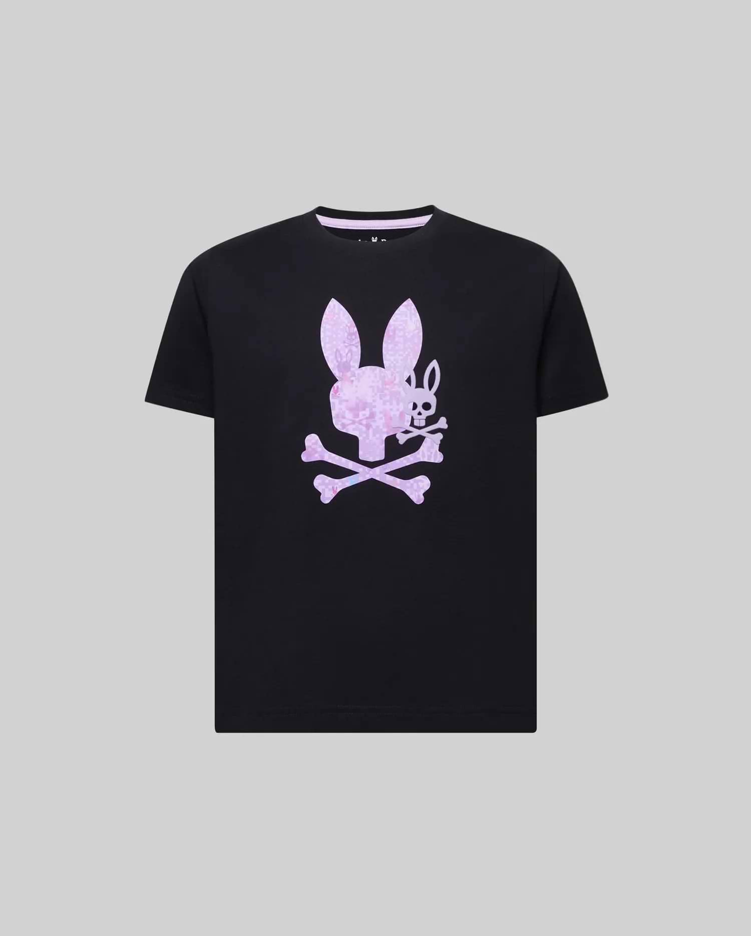 Black Kids Van Graphic Tee, classic fit, with a large central Psycho Bunny skull and crossbones logo in a pixelated purple and blue gradient print on soft jersey fabric. (1)