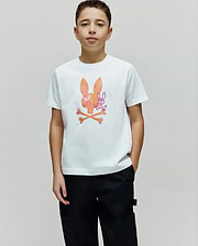Kids Van Graphic Tee: White classic fit jersey t-shirt featuring a large center chest graphic of an orange and pink patterned bunny skull with a smaller purple bunny skull and crossed bones. (2)