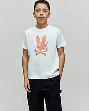 Kids Van Graphic Tee: White classic fit jersey t-shirt featuring a large center chest graphic of an orange and pink patterned bunny skull with a smaller purple bunny skull and crossed bones. (2)