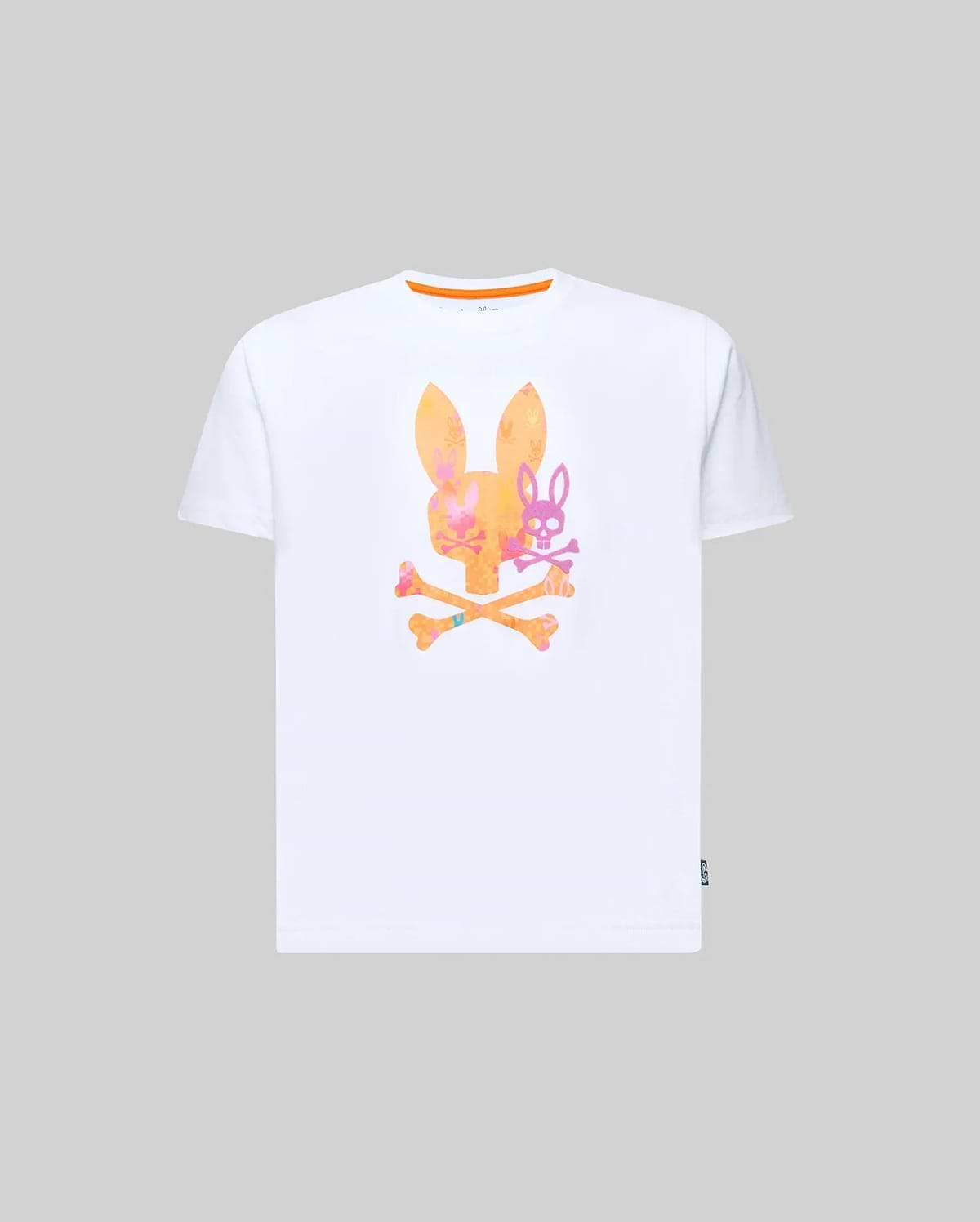 Kids Van Graphic Tee, a classic fit white jersey t-shirt with orange collar trim, featuring a large central Psycho Bunny skull and crossbones graphic in a vibrant orange, pink, and purple gradient. (1)