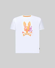 Kids Van Graphic Tee, a classic fit white jersey t-shirt with orange collar trim, featuring a large central Psycho Bunny skull and crossbones graphic in a vibrant orange, pink, and purple gradient. (1)