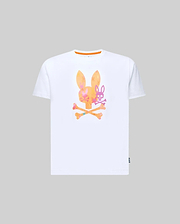 Kids Van Graphic Tee, a classic fit white jersey t-shirt with orange collar trim, featuring a large central Psycho Bunny skull and crossbones graphic in a vibrant orange, pink, and purple gradient. (1)