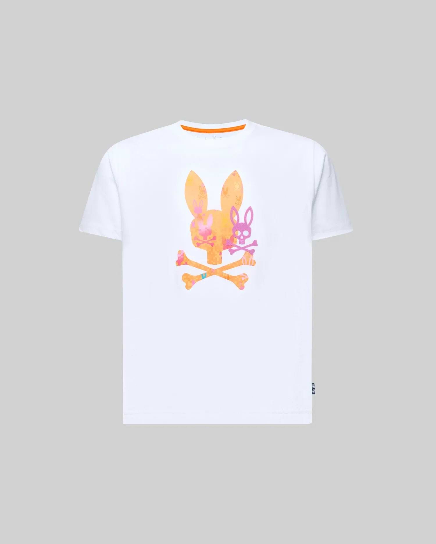 Kids Van Graphic Tee, a classic fit white jersey t-shirt with orange collar trim, featuring a large central Psycho Bunny skull and crossbones graphic in a vibrant orange, pink, and purple gradient. (1)