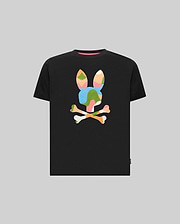 Kids Ara Graphic Tee, a classic fit black jersey t-shirt featuring a large, vibrant multi-color embroidered geometric bunny skull logo on the center chest and a small brand tag on the left hem.