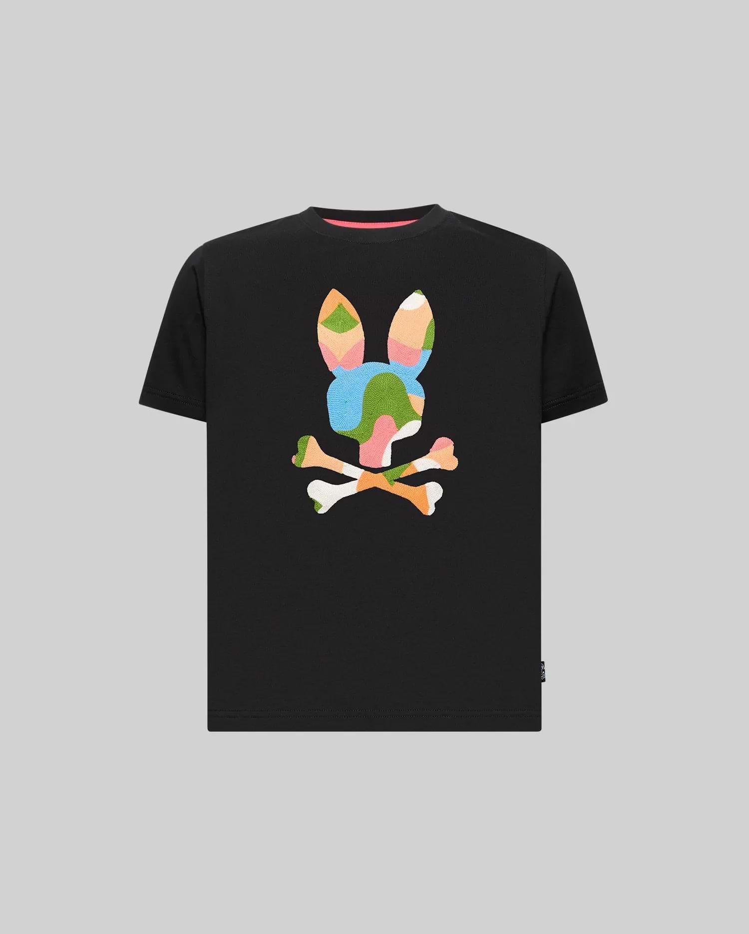 Kids Ara Graphic Tee, a classic fit black jersey t-shirt featuring a large, vibrant multi-color embroidered geometric bunny skull logo on the center chest and a small brand tag on the left hem.