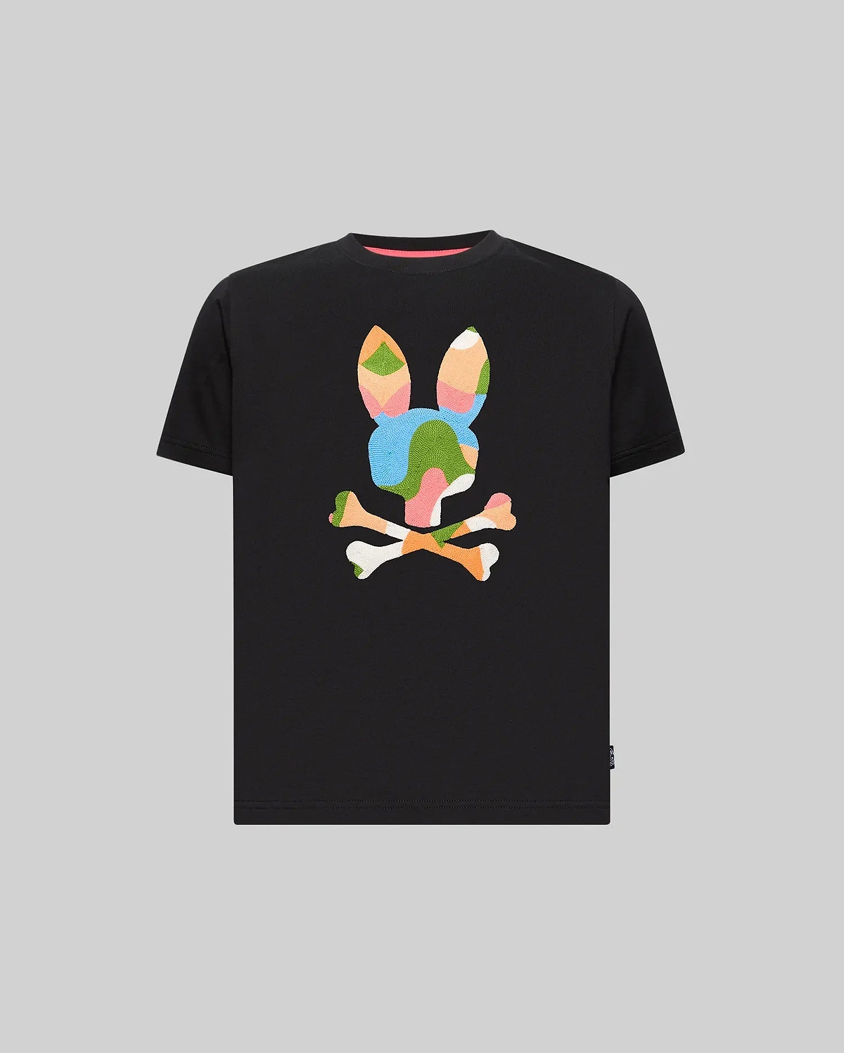 Kids Ara Graphic Tee, a classic fit black jersey t-shirt featuring a large, vibrant multi-color embroidered geometric bunny skull logo on the center chest and a small brand tag on the left hem.