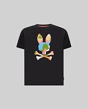 Kids Ara Graphic Tee, a classic fit black jersey t-shirt featuring a large, vibrant multi-color embroidered geometric bunny skull logo on the center chest and a small brand tag on the left hem.
