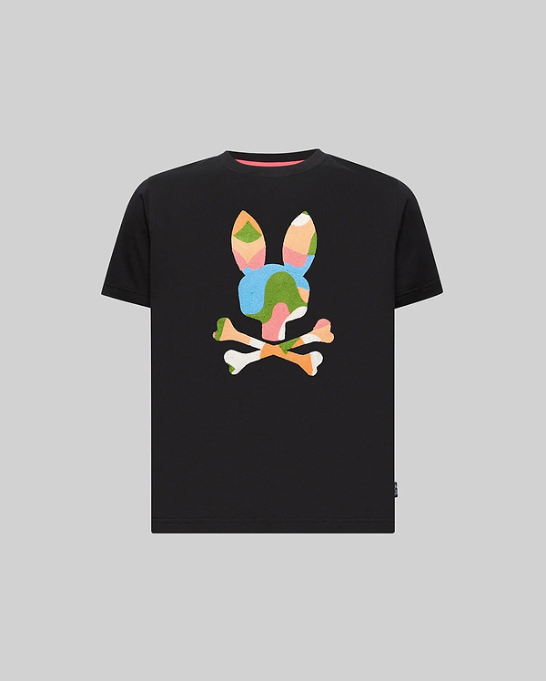 Kids Ara Graphic Tee, a classic fit black jersey t-shirt featuring a large, vibrant multi-color embroidered geometric bunny skull logo on the center chest and a small brand tag on the left hem.