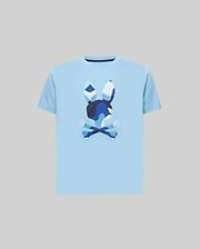 Kids Ara Graphic Tee, a classic fit sky blue jersey knit t-shirt featuring a large, center chest Psycho Bunny skull logo with a distinctive blue and white camouflage pattern.