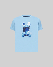 Kids Ara Graphic Tee, a classic fit sky blue jersey knit t-shirt featuring a large, center chest Psycho Bunny skull logo with a distinctive blue and white camouflage pattern.