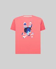 Kids Ara Graphic Tee in vibrant coral, crafted from soft jersey knit with a classic fit. Features a large, textured, multi-color camouflage Psycho Bunny skull logo prominently on the chest.