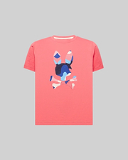 Kids Ara Graphic Tee in vibrant coral, crafted from soft jersey knit with a classic fit. Features a large, textured, multi-color camouflage Psycho Bunny skull logo prominently on the chest.