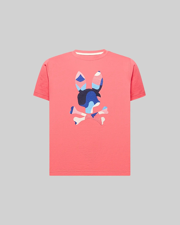 Kids Ara Graphic Tee in vibrant coral, crafted from soft jersey knit with a classic fit. Features a large, textured, multi-color camouflage Psycho Bunny skull logo prominently on the chest.