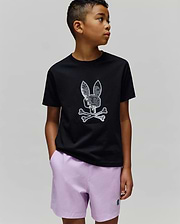 Kids Olivier Graphic Tee, black classic fit jersey t-shirt featuring a large, textured white and silver Psycho Bunny skull and crossbones graphic on the center chest. (2)