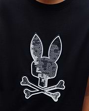 Kids Olivier Graphic Tee, black jersey knit with a large central embroidered Psycho Bunny skull logo featuring a grey pixelated pattern and white outline. (3)