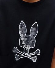 Kids Olivier Graphic Tee, black jersey knit with a large central embroidered Psycho Bunny skull logo featuring a grey pixelated pattern and white outline. (3)