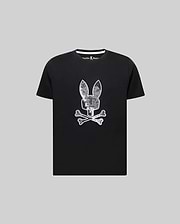 Kids Olivier Graphic Tee, a black classic fit jersey t-shirt featuring a large textured white and silver Psycho Bunny skull graphic on the chest and white collar trim. (1)
