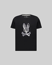 Kids Olivier Graphic Tee, a black classic fit jersey t-shirt featuring a large textured white and silver Psycho Bunny skull graphic on the chest and white collar trim. (1)